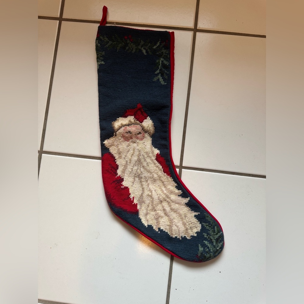 Vintage Needlepoint Festive Santa Christmas Stocking